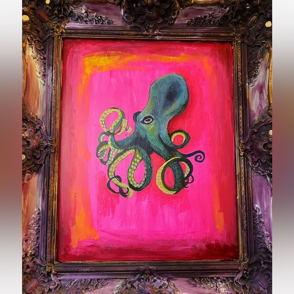 Original Octopus Acrylic Painting over a Thrifted Framed Art Print - 26x22” - Picture 5 of 9